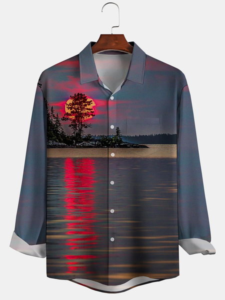 

Holiday Style Hawaiian Series Botanical Gradient Color Landscape Element Pattern Lapel Long-Sleeved Printed Shirt Top, Multicolor, Shirts ＆ Blouse