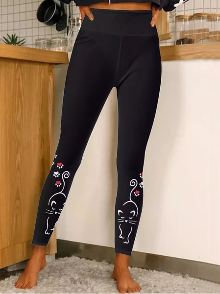 

Women's Black Cat Love Paws Regular Fit Simple Leggings, Leggings