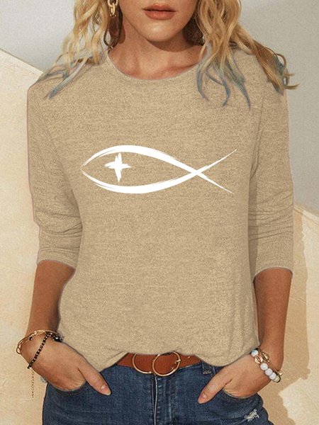 

Christian Fish Symbol Women's Long Sleeve T-Shirt, Khaki, Long sleeves