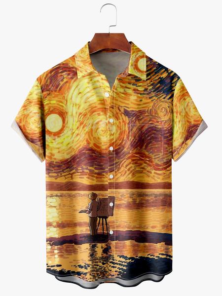 

Men's Oil Painting Print Fashion Lapel Short Sleeve Hawaiian Shirt, Yellow, Short Sleeve Shirts