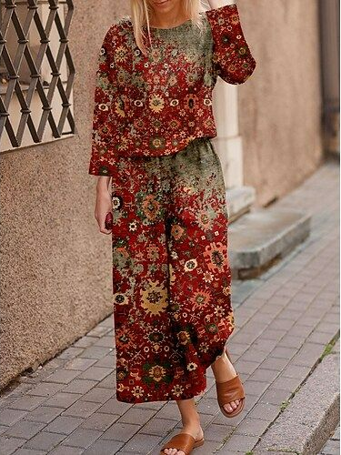 

Crew Neck Ethnic Two Piece Sets, Multicolor, Suit Set