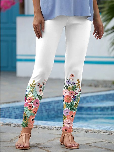 

FLoral Basics Casual Tight Leggings, White, Leggings