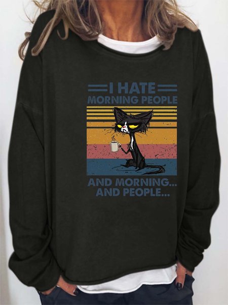 

Women Cat Temperament Coffee Letters Casual Loose Crew Neck Sweatshirts, Black, Hoodies&Sweatshirts