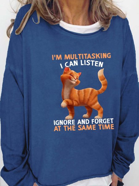 

Women Forgetfulness Cat Letters Crew Neck Casual Sweatshirt, Deep blue, Hoodies&Sweatshirts