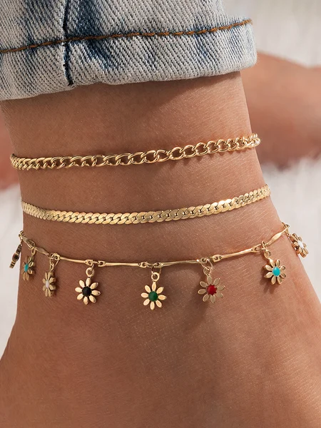

3Pcs Boho Color Flower Pendant Anklet Set, Golden, Bracelets