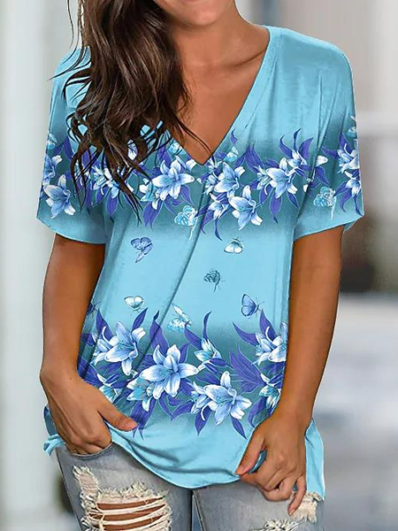 

Women Casual Floral Summer Polyester Daily Regular H-Line Regular Medium Elasticity T-shirt, Blue, T-Shirts