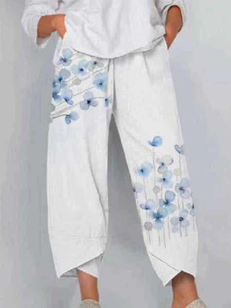 

Floral Loose Casual Pants, White, Pants