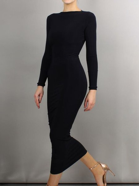 

Black Daily Long sleeve Regular Fit Boat Neck Dress, Maxi Dresses