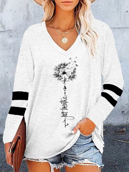 V Neck Dandelion Graphic Long Sleeve Loose Tunic T-Shirt, White, T-shirts