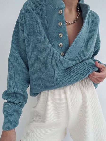 

Casual Plain V Neck Buttoned Loose Sweater, Blue, Sweaters