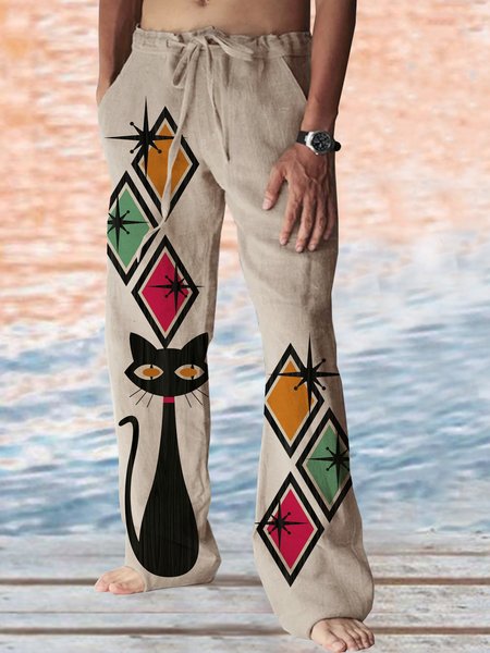 

Cotton Linen Hawaiian Casual Trousers, As picture, Men's pants