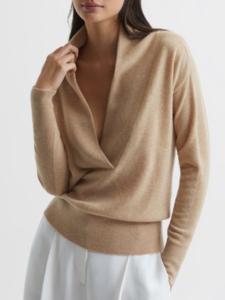 

Casual V Neck Long Sleeve Sweater, Khaki, Sweaters