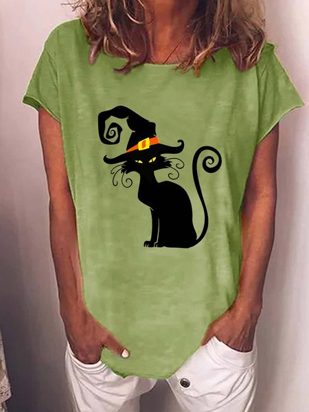 

Women Black Cat Halloween Loose T-Shirt, Green, T-shirts