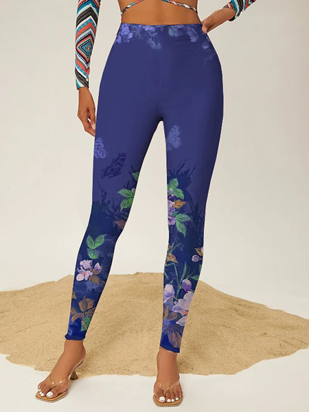 

Casual Floral Tight Leggings Ankle Pants, Purple, Leggings