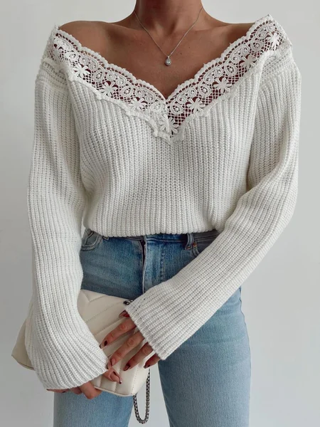 

Elegant V Neck Loose Long Sleeve Lace Sweater, White, Sweaters