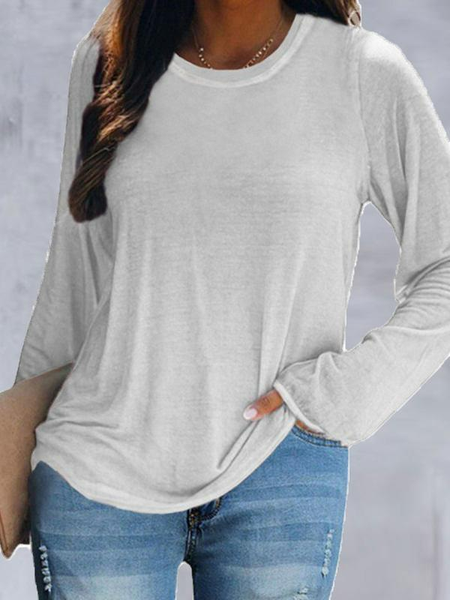 

Simple Round Neck Casual Loose Solid Color Long Sleeve T-shirt, White, T-Shirts