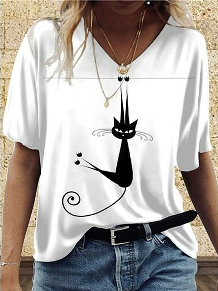 

V Neck Casual Cat T-Shirt, White, T-Shirts