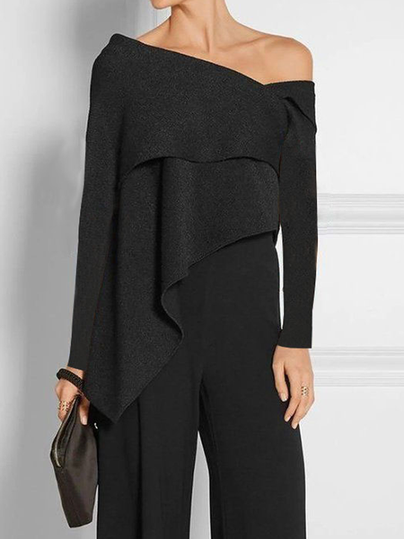 

Asymmetrical A-Line Loose Long sleeve Urban Tops, Black, Tops