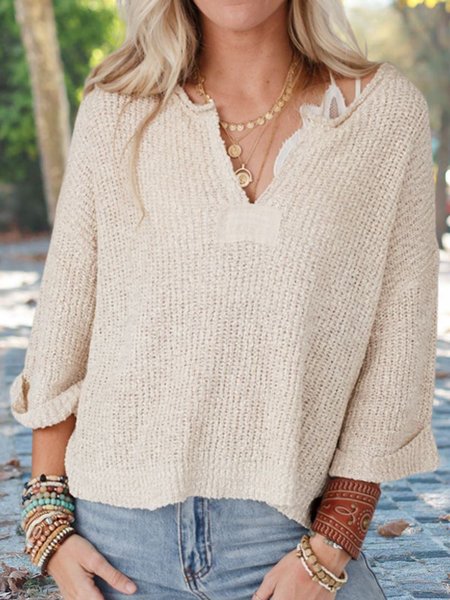

Casual Plain Autumn Acrylic Loose Three Quarter Crew Neck Regular H-Line Sweater for Women, Off white, Sweaters