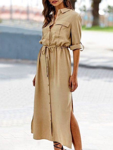 

Button up drawcord pocket slit Shirt Long Dress Plus Size, Khaki, Dresses