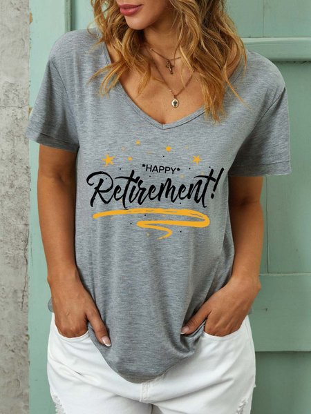 

Women Happy Retirement Star V Neck Text Letters Casual T-Shirt, Gray, T-shirts