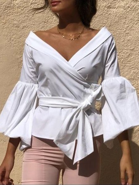

Elegant V Neck Plain Three Quarter Blouse, White, Blouses and Shirts