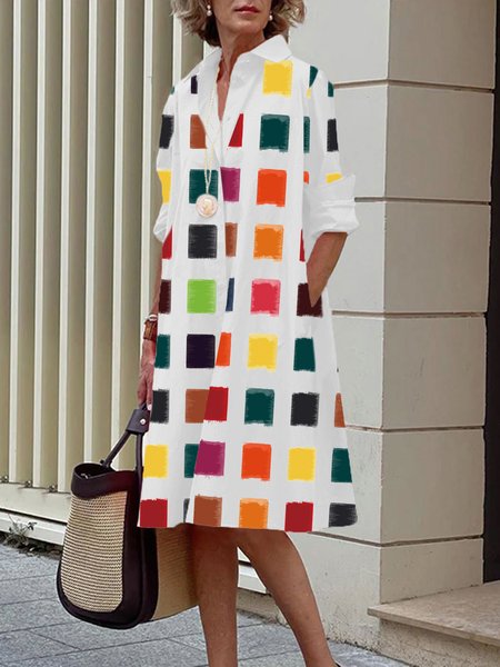 

Midi Long sleeve Plaid Regular Fit Shirt Collar Dress, White, Midi Dresses