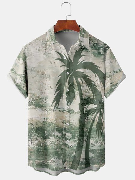 

Resort Style Hawaiian Series Gradient Color Coconut Tree Element Pattern Lapel Short-Sleeved Chest Pocket Shirt Printed Top, Green, Shirts ＆ Blouse