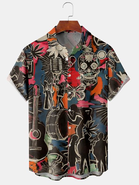 

Men's Music Element Graphic Print Short Sleeve Shirt, Black, Short Sleeve Shirts