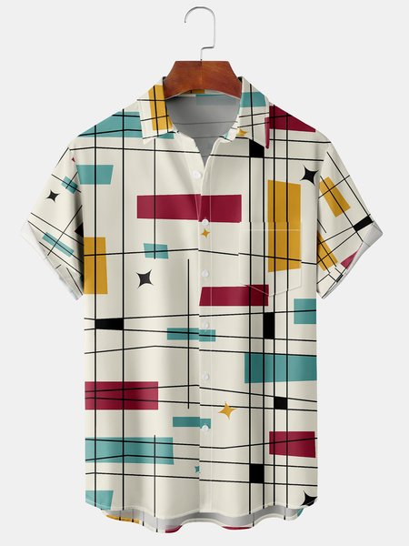 

Casual Art Collection Retro Medieval Geometric Stripe Pattern Lapel Short Sleeve Shirt Print Top, Multicolor, Shirts ＆ Blouse
