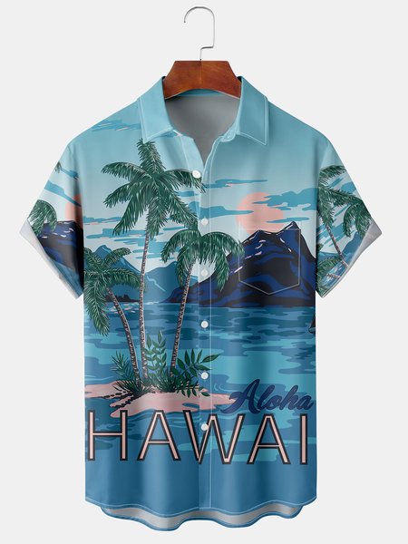 

Men's Coconut Tree Print Casual Breathable Hawaiian Short Sleeve Shirt, Blue, Short Sleeve Shirts