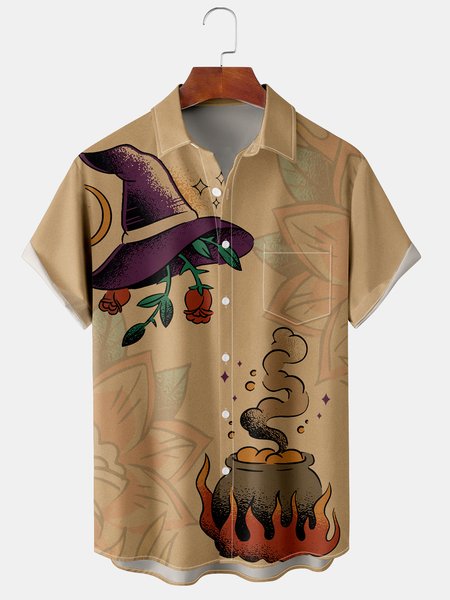 

Casual Style Festival Series Medieval Retro Witch Hat Element Pattern Lapel Short-Sleeved Shirt Print Top, Khaki, Shirts ＆ Blouse