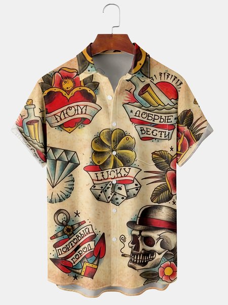 

Resort Style Hawaii Series Marine Elements Wave Anchor Element Pattern Lapel Short-Sleeved Shirt Print Top, Khaki, Short Sleeve Shirts