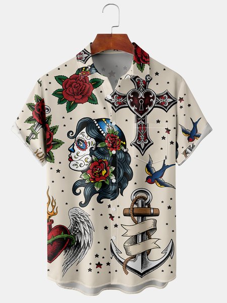 

Men's Vintage Tattoo Printed Casual Breathable Hawaiian Short Sleeve Shirt, Apricot, Short Sleeve Shirts