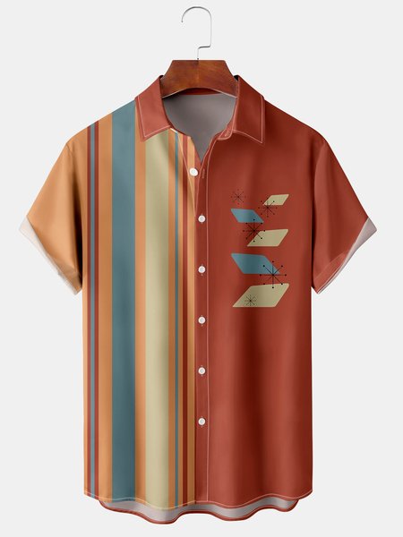 

Casual Art Collection Retro Medieval Geometric Stripes Color Block Pattern Lapel Short Sleeve Shirt Print Top, Red brown, Shirts ＆ Blouse