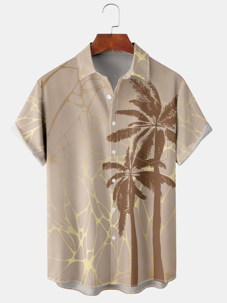 

Resort Hawaiian Collection Marble Coconut Tree Element Pattern Lapel Short Sleeve Chest Pocket Shirt Print Top, Khaki, Shirts ＆ Blouse