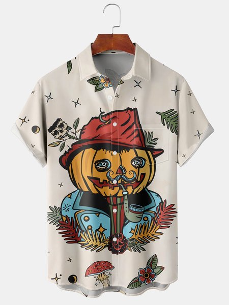 

Casual Style Festival Series Retro Halloween Element Pattern Lapel Short-Sleeved Shirt Print Top, As picture, Shirts ＆ Blouse