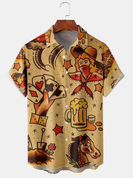 

Casual Culture Collection Retro Western Cowboy Horse Element Pattern Lapel Short Sleeve Shirt Print Top, Khaki, Short Sleeve Shirts
