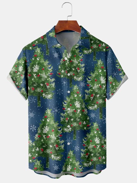 

Casual Style Holiday Series Retro Christmas Tree Element Pattern Lapel Short-Sleeved Shirt Print Top, Royal blue, Short Sleeve Shirts