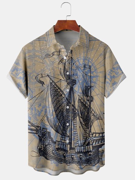 

Resort Style Hawaiian Series Nautical Gradient Retro Sailboat Element Pattern Lapel Short Sleeve Chest Pocket Shirt Print Top, Light khaki, Shirts ＆ Blouse