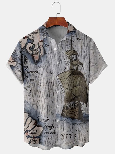 

Resort Style Hawaiian Series Nautical Retro Map Sailboat Element Pattern Lapel Short Sleeve Chest Pocket Shirt Print Top, Grey-blue, Short Sleeve Shirts