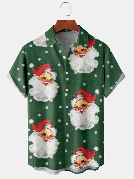 

Casual Festive Collection Vintage Santa Claus Pattern Lapel Short Sleeve Shirt Print Top, Dark green, Shirts ＆ Blouse