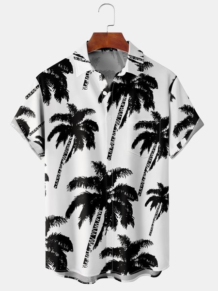 

Men's Coconut Tree Print Casual Breathable Hawaiian Short Sleeve Shirt, Black-white, Short Sleeve Shirts