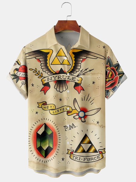 

Casual Culture Collection Mid-century Retro Eagle Element Pattern Lapel Short Sleeve Shirt Print Top, Light khaki, Shirts ＆ Blouse