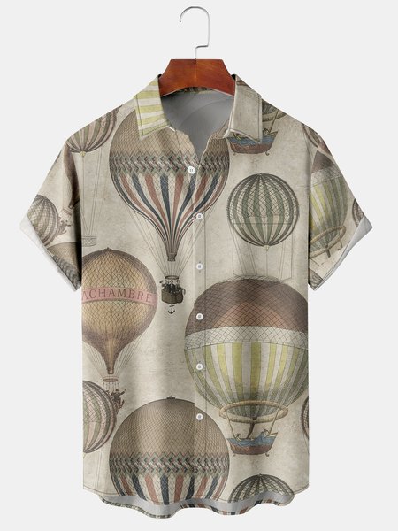 

Men's Hot Air Balloon Graphic Print Short Sleeve Shirt, Khaki, Short Sleeve Shirts