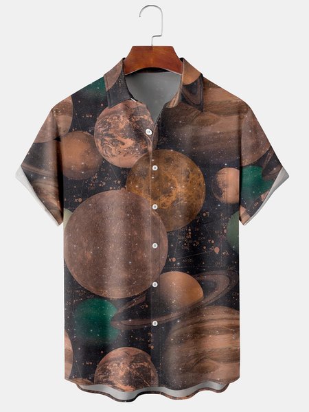 

Men's Cosmic Planet Graphic Print Short Sleeve Shirt, Brown, Short Sleeve Shirts