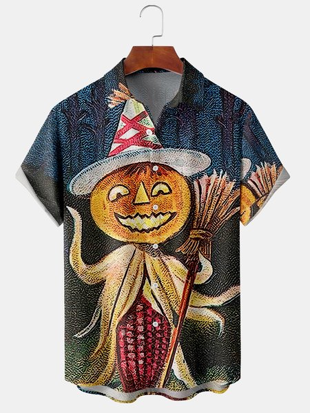 

Men's Halloween Pumpkin Graphic Print Short Sleeve Shirt, Yellow, Short Sleeve Shirts