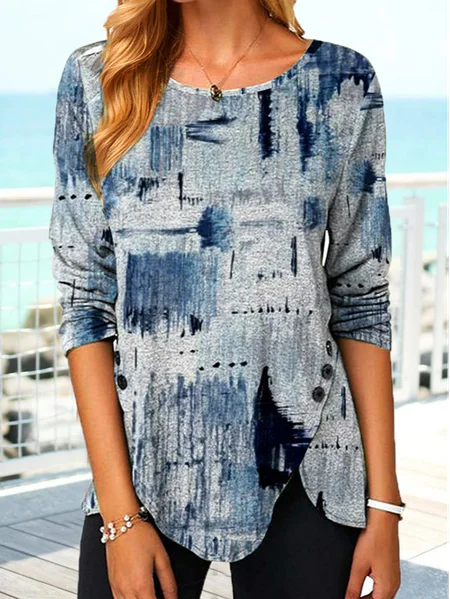 

Casual Geometric Crew Neck Regular Fit T-Shirt, Blue, Shirts & Blouses
