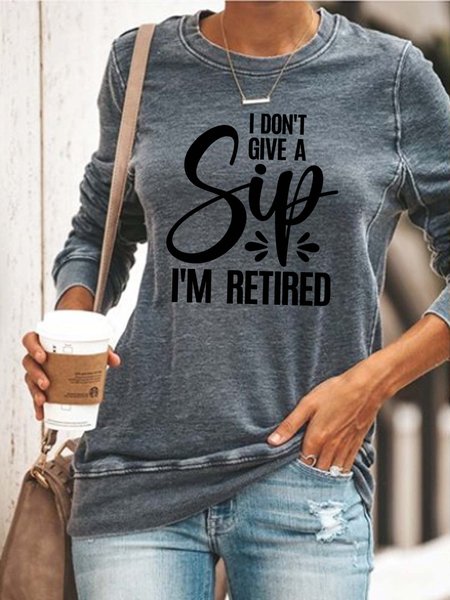 Women Sip Retired Letters Casual Crew Neck Sweatshirts, Gray, Hoodies&Sweatshirts