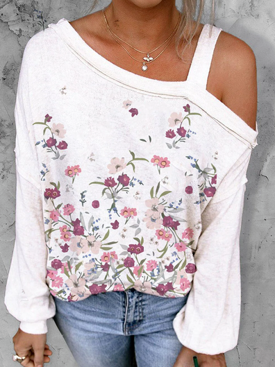 

One Shoulder Casual Loose Sweatshirts, White, Sweatshirts & Hoodies